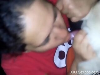 Aroused woman filmed giving blowjob to a small dog